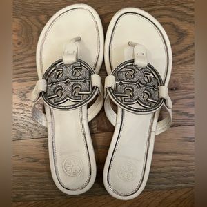 Tory Burch white Metal Miller Embellished Rhinestone Sandals Sz 6.5M